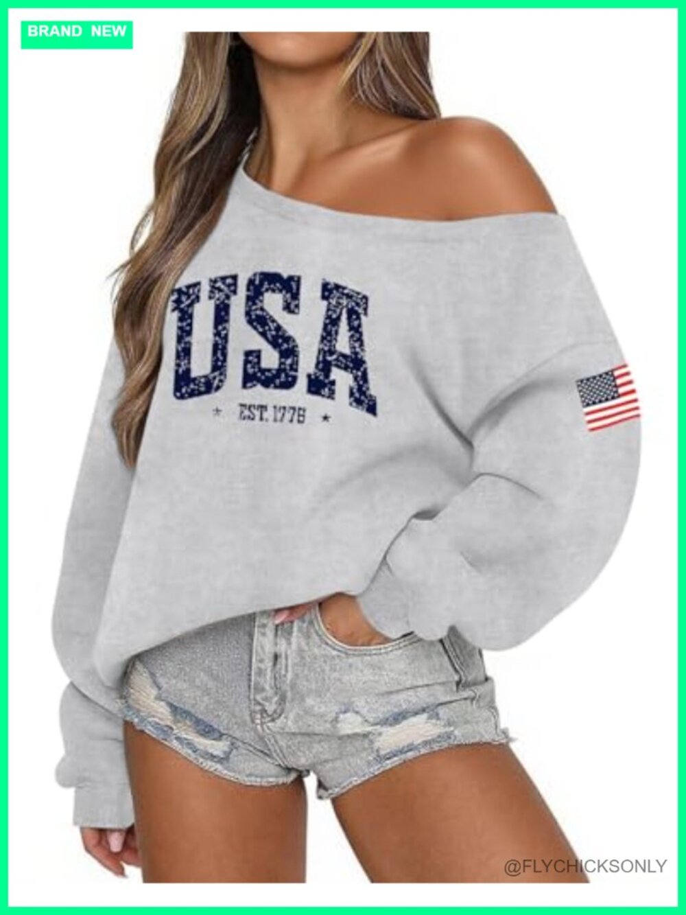 Oversized Off The Shoulder Fleece Sweatshirt USA Flag Pullover Women